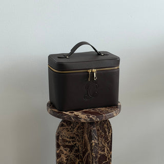 espresso structured makeup bag closed aesthetic lifestyle square cosmetic bag CASCAS