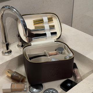 luxury bathroom with espresso structured vanity case square makeup organizer CASCAS