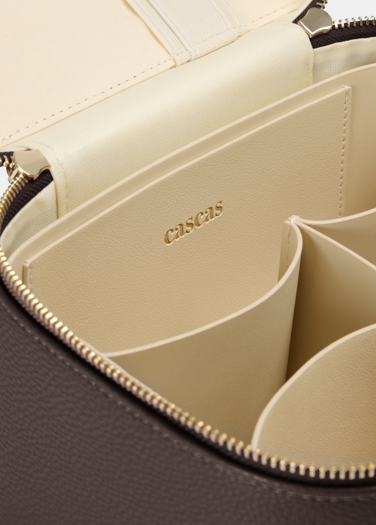 CASCAS espresso monogram beauty case structured vegan leather texture premium finish