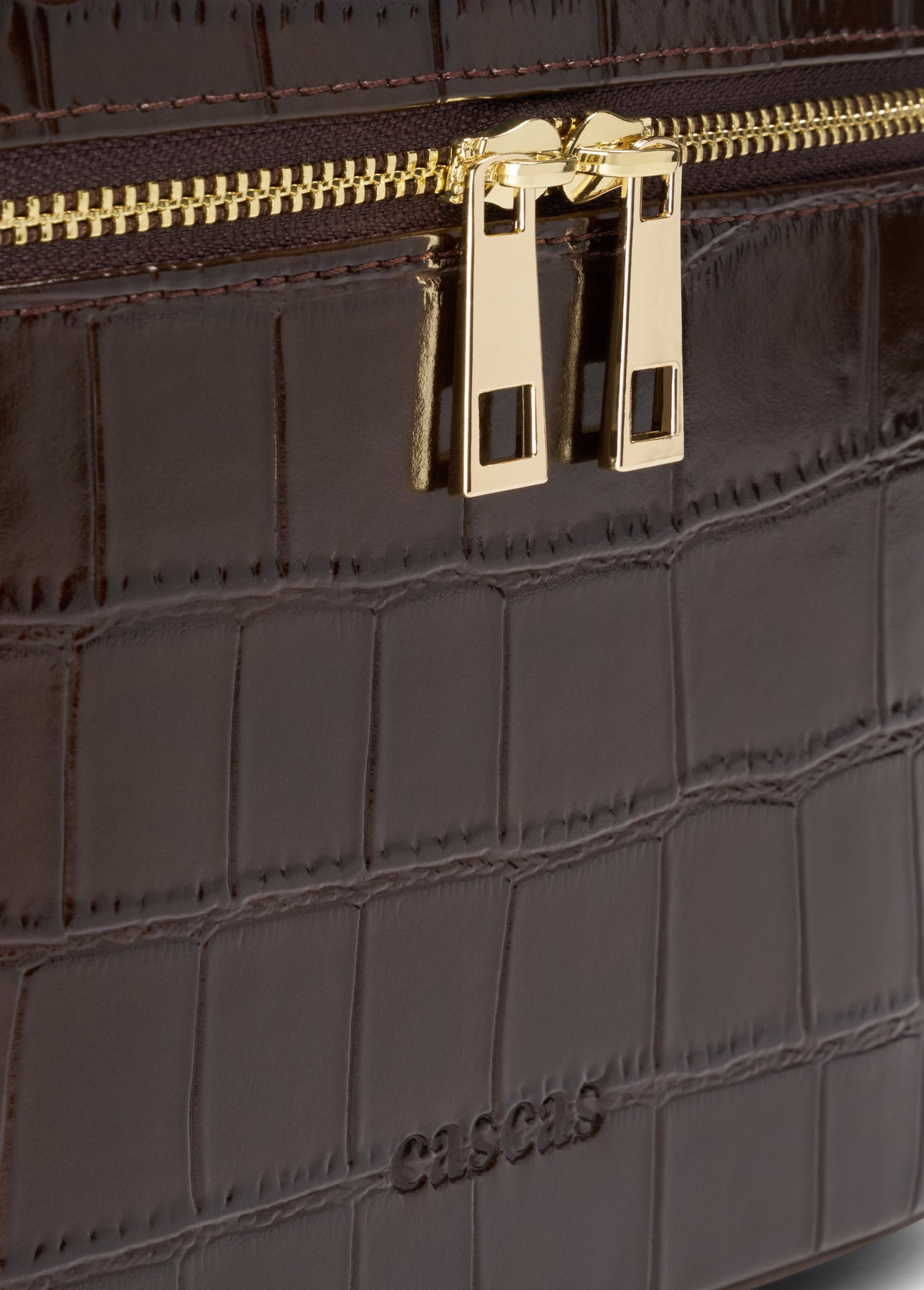 CASCAS espresso croc beauty case zipper detail embossed vegan leather texture