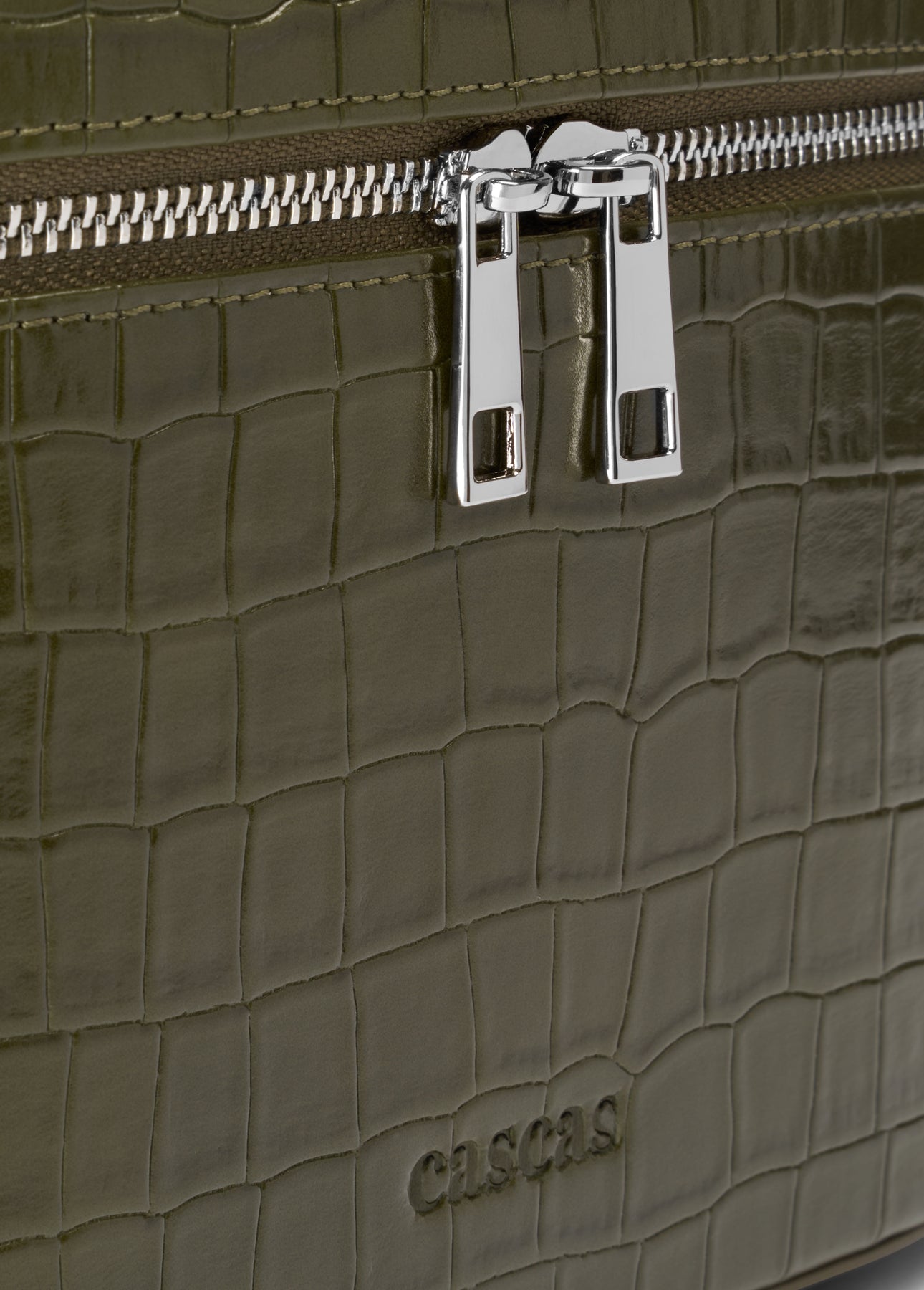 CASCAS khaki croc beauty case zipper detail embossed vegan leather texture